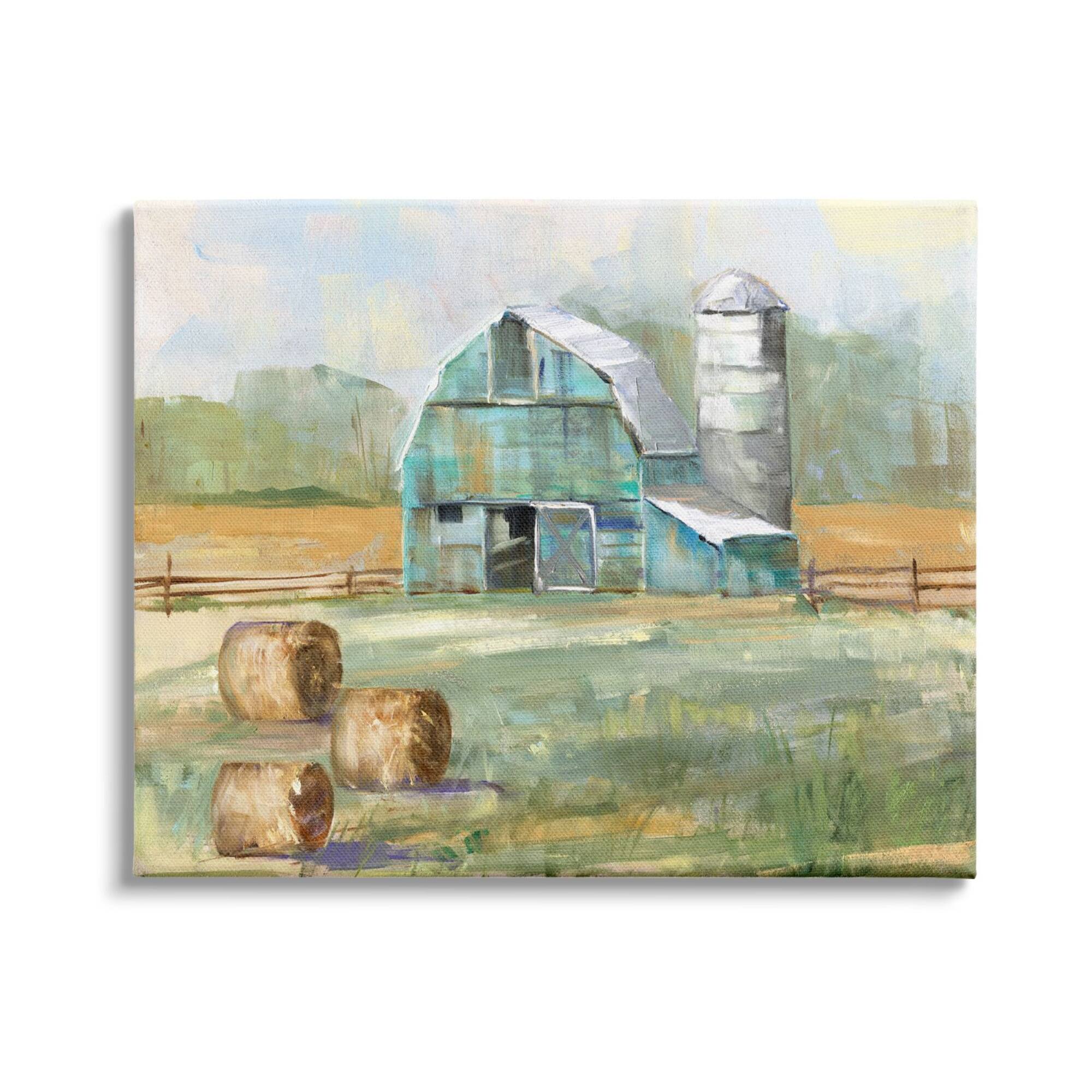 Stupell Industries Contemporary Blue Farm Barn Hay Bails Empty Field Canvas Wall Art